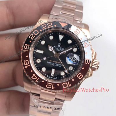 Baselworld Rolex Everose GMT Master II Root Beer Black Face Replica Watch For Men